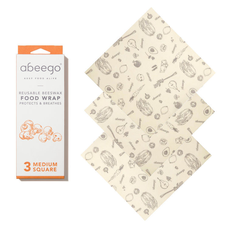 Beeswax food wrap, medium pack x 3. Made with beeswax, tree resin, and organic jojoba oil infused into a hemp and organic cotton cloth.