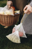 3 reusable but also COMPOSTABLE produce bag to carry your fruits and vegetables directly from the shop to your fridge. Corn star  version, 1 bag with yellow trim, 1 with green trim and 1 with blue trim.