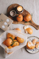 3 reusable but also COMPOSTABLE produce bag to carry your fruits and vegetables directly from the shop to your fridge. Corn star  version, 1 bag with yellow trim, 1 with green trim and 1 with blue trim.