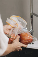 3 reusable but also COMPOSTABLE produce bag to carry your fruits and vegetables directly from the shop to your fridge. Corn star  version, 1 bag with yellow trim, 1 with green trim and 1 with blue trim.