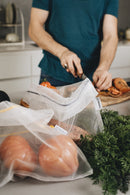3 reusable but also COMPOSTABLE produce bag to carry your fruits and vegetables directly from the shop to your fridge. Corn star  version, 1 bag with yellow trim, 1 with green trim and 1 with blue trim.