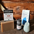 The essential gift set: An organic coconut stick deodorant. A distinctively masculine scent soap bar. A moisturizing plastic free shampoo bar.