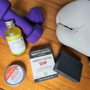 Active gift set: An organic sore muscle balm, an energizing aroma-therapeutic organic body oil, a great bamboo charcoal natural body and complexion soap.