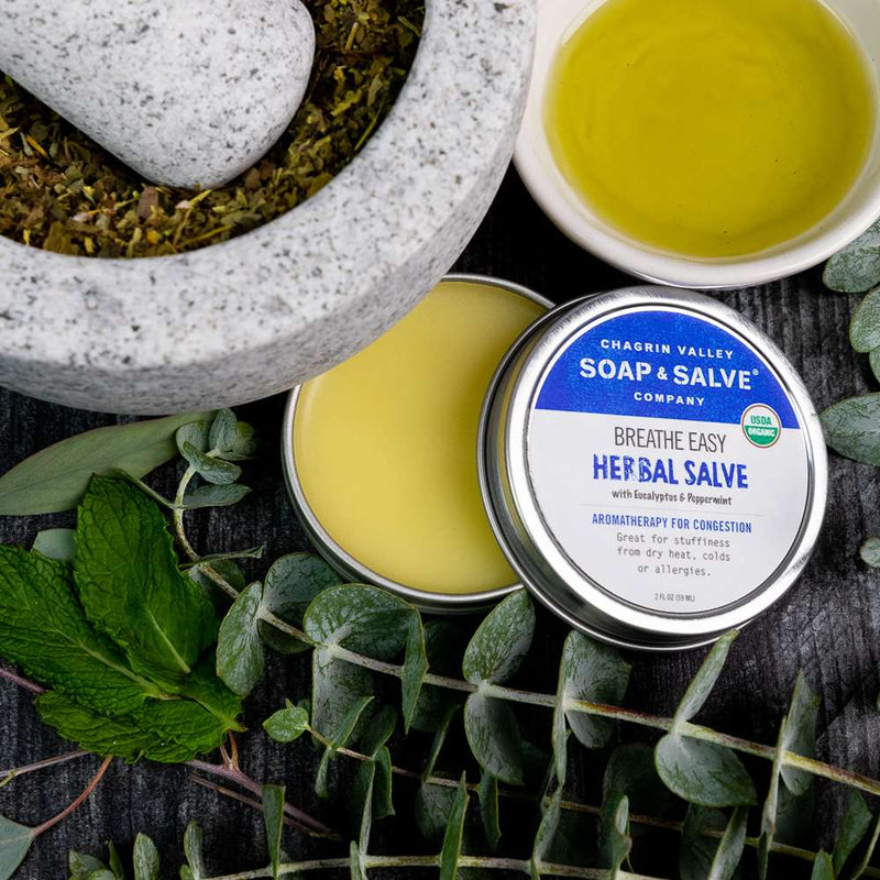 Organic balm for ailing sinuses and chest congestion. The calendula infused olive oil helps with dry, chapped, and irritated skin.