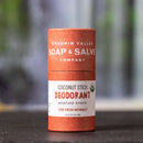 Organic deodorant stick to naturally and effectively neutralize underarm odor. Packaged in eco-friendly, compostable cardboard push-up tubes. Woodland Breeze version.