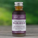 Concentrated sea buckthorn and tamanu healing oils and infused botanicals to encourage healthy skin growth and skin healing form minor burns and rashes.