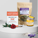 The pamper set, with organic shea rose facial soap, sweet dreams relaxing bath herbs and organic sugar, coconut and honey facial scrub