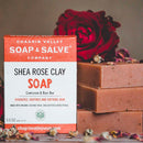 Organic Rose & Clay soap bar with unrefined shea butter, mango butter, rose petal oil, rose hips, and rose water. For acne, dry, sensitive or inflamed skin and dermatitis.