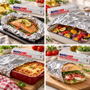 A 2x2 collage showing Biocasa RotoChef aluminum in use, with foil-wrapped containers holding cooked salmon, roasted vegetables, baked pasta, and a sandwich.