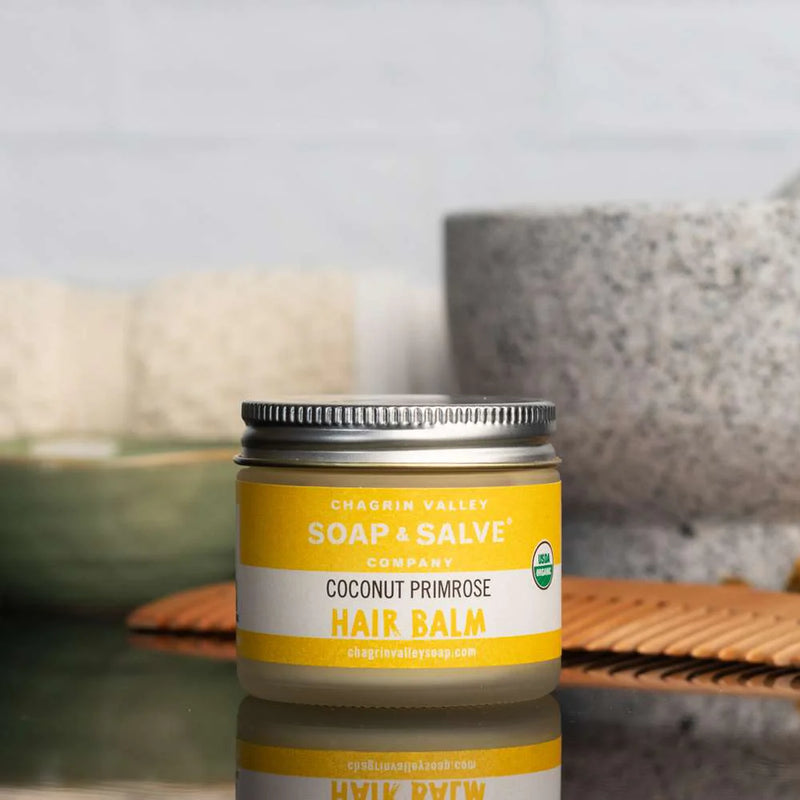 Coconut primrose hair Balm - Coconut oil, a great natural moisturizer for the scalp and hair, nourishes dry and brittle hair, encourages healthy hair growth and promotes a healthy scalp.