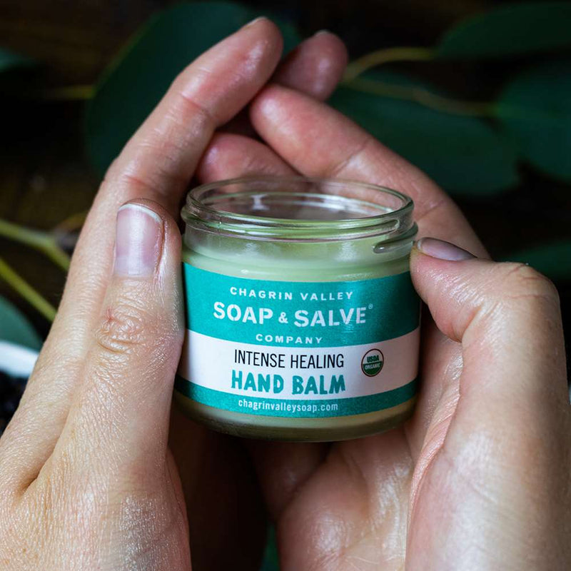 Organic Hand Balm - An organic hand cream formulated with moisturizing coconut oil, cocoa butter and healing botanicals to soothe and soften dry, cracked or chapped hands or any patch of dry skin.