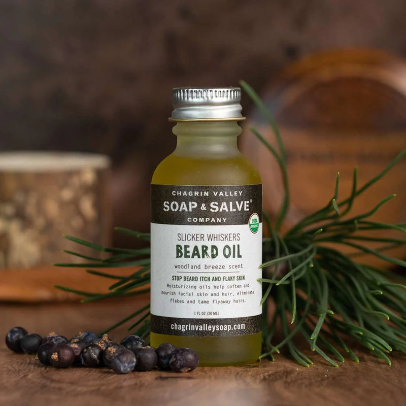 Excellent for all skin types, this organic beard and mustache oil softens and smooths the beard while it moisturizes and nourishes skin. Woodland Breeze, a woodsy outdoors scent with fresh cypress, juniper berry and bergamot, good for acne prone skin.