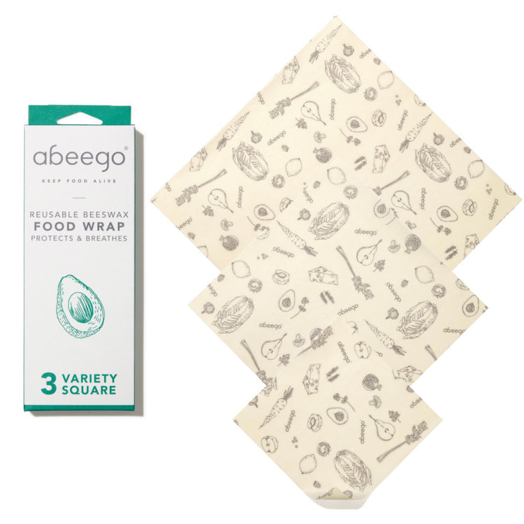 Beeswax food wrap, variety pack x 3. Made with beeswax, tree resin, and organic jojoba oil infused into a hemp and organic cotton cloth.