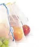3 reusable but also COMPOSTABLE produce bag to carry your fruits and vegetables directly from the shop to your fridge. Corn star  version, 1 bag with yellow trim, 1 with green trim and 1 with blue trim.