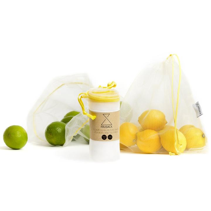 2 reusable but also COMPOSTABLE produce bag to carry your fruits and vegetables directly from the shop to your fridge. Yellow trim version.