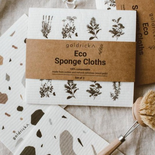 Eco-friendly sponge cloth set made from natural materials, which are entirely compostable and biodegradable. 