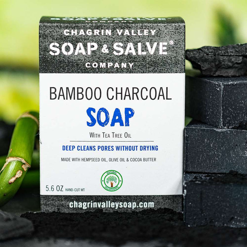 Organic deep cleansing soap bar great for Acne prone skin. Made with bamboo charcoal, sea salt, bentonite clay and tea tree oil.