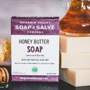 Organic soap bar with honey, cocoa butter to seal in moisture, Shea Butter and Mango Butter to soften, moisturize, and soothe dry skin.