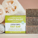 A cool, stimulating scrubby pumice powder foot soap with shredded loofah, peppermint leaves, menthol and an invigorating essential oil blend.