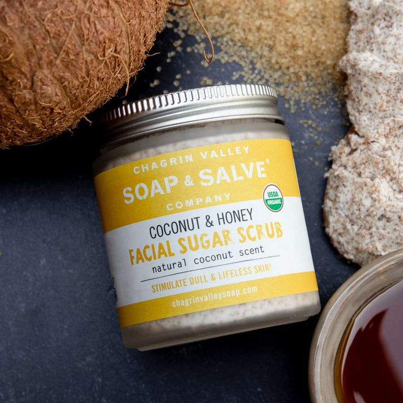 Organic Facial Scrub, Nourishing oils and cocoa butter are whipped with dark brown sugar and honey to create this organic exfoliating facial sugar scrub with the scent of fresh coconut.