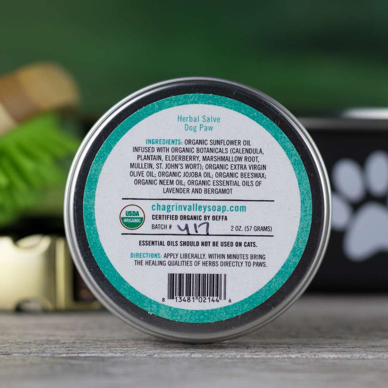 Organic dog paw salve formulated to protect as well as provide soothing relief for sore, dry or cracked paws and dry and irritated skin.