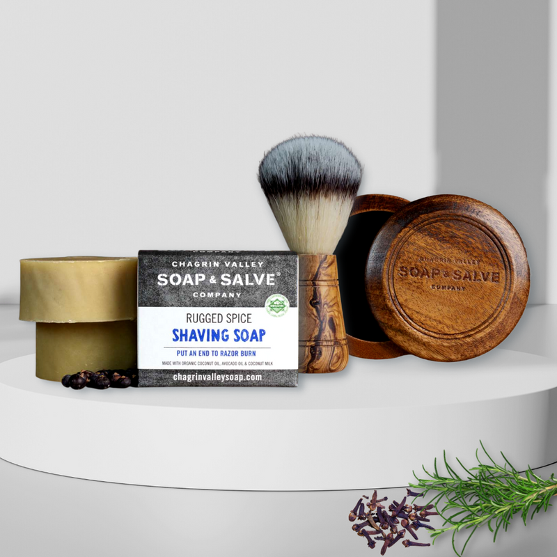 The only for men shaving set: Because Men's shaving deserves to feel luxurious too.  Ditch those shaving gels/foams cans for a rich, creamy organic shaving soap and its beautiful handmade shaving set that will look too good on your sink to be put away.