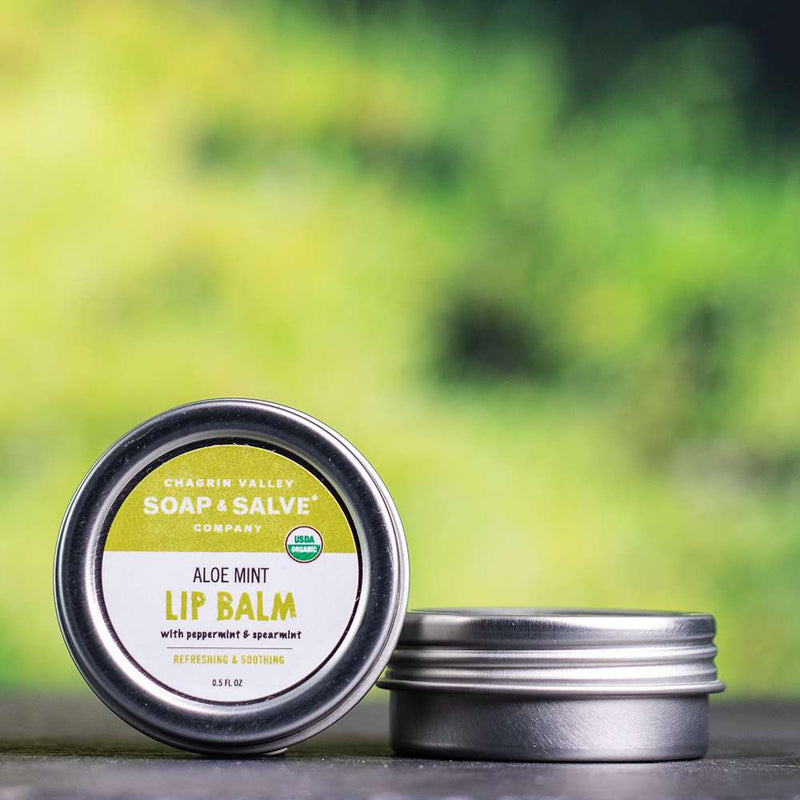 A moisturizing organic lip butter made with aloe butter and a refreshing minty essential oil blend.