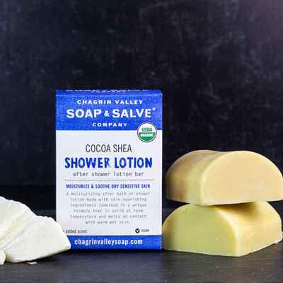 Cocoa shea organic shower lotion bar. Made with unrefined shea and cocoa butters. Melts on contact with warm wet skin and has excellent skin softening properties.