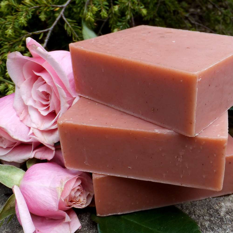 Organic Rose & Clay soap bar with unrefined shea butter, mango butter, rose petal oil, rose hips, and rose water. For acne, dry, sensitive or inflamed skin and dermatitis.