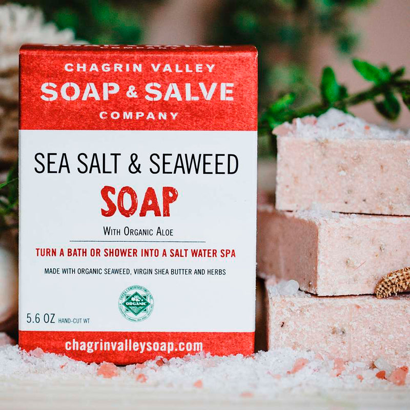 Turn your tub or shower into a Salt Water Spa! This unusual natural soap contains 50% salts, moisturizing virgin shea butter and nourishing mineral rich seaweed.